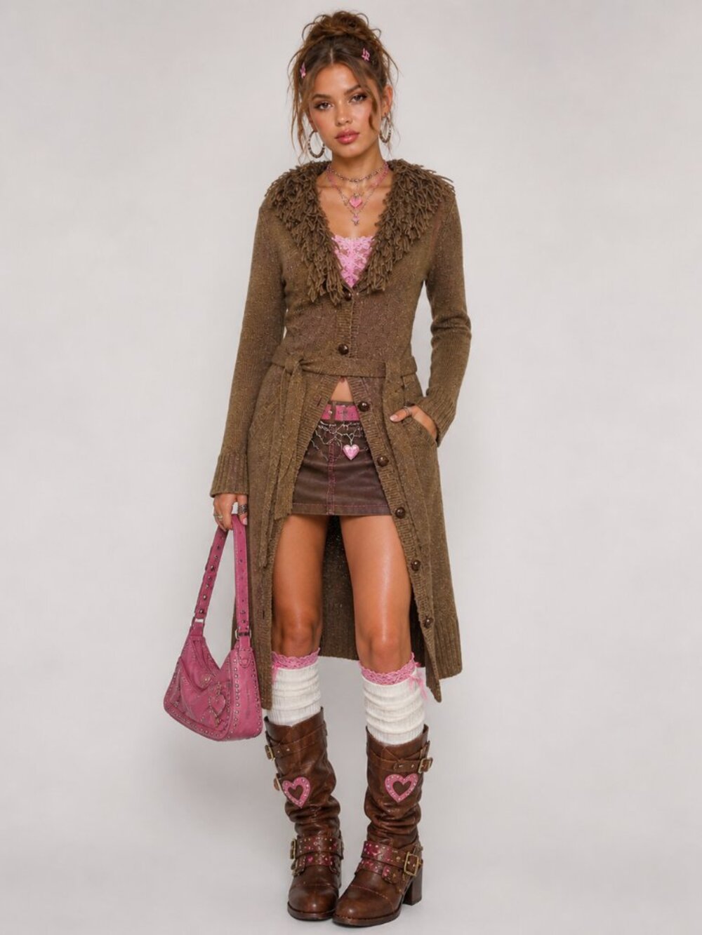 Wet Seal Y2K Duster Cardigan Small Tan Brown Long Penny Lane Shaggy Fringe Bratz